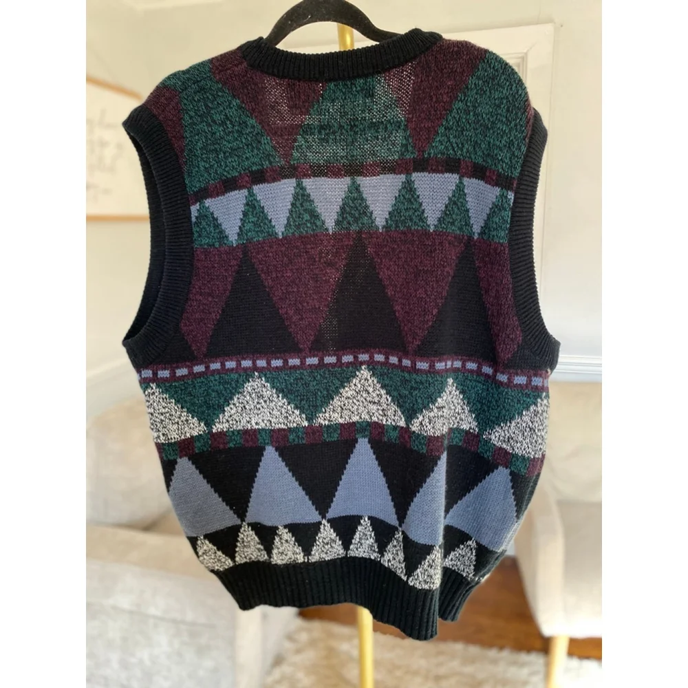 Vintage Impact Geometric Knit Sweater Vest L Leather Trim Korea 90s Heritage